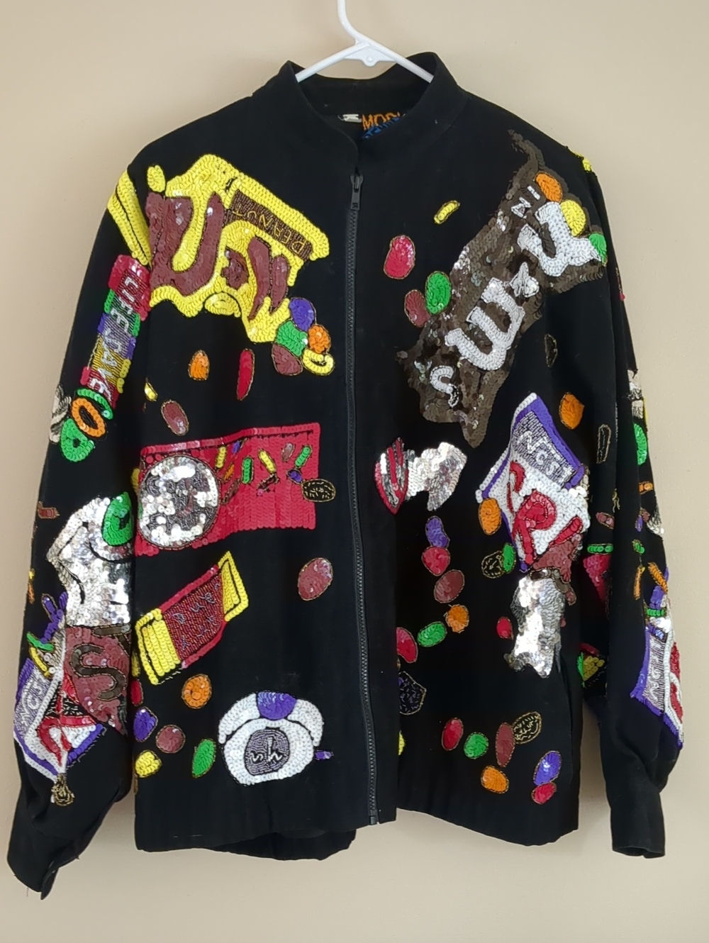 27.5" Pit-to-pit Modi Denim Candy Jacket Sequins Beaded Full Zip Halloween Vtg